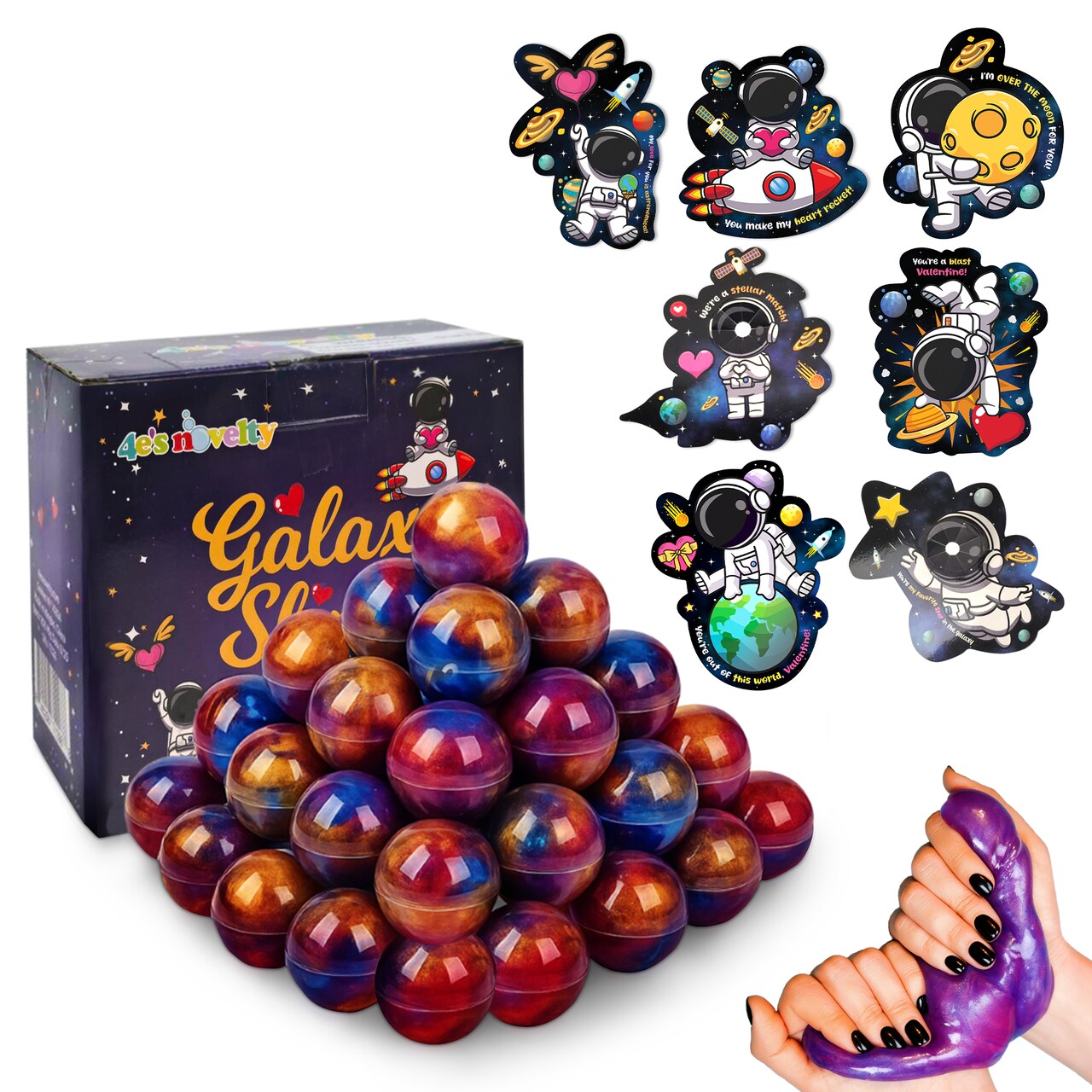 4E's Novelty Valentines Cards with Slimes for Kids (28 Pack) - Galaxy Slime Valentine, Astronaut Cards, Valentines Day Cards with Slimes Classroom Exchange, Slime Valentine Card Party Favors